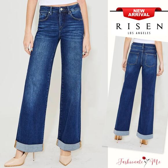 RISEN Tummy Control High Rise Waist Cuffed Hem Zip Fly Dark Wash Wide Leg Jeans - Picture 1 of 7